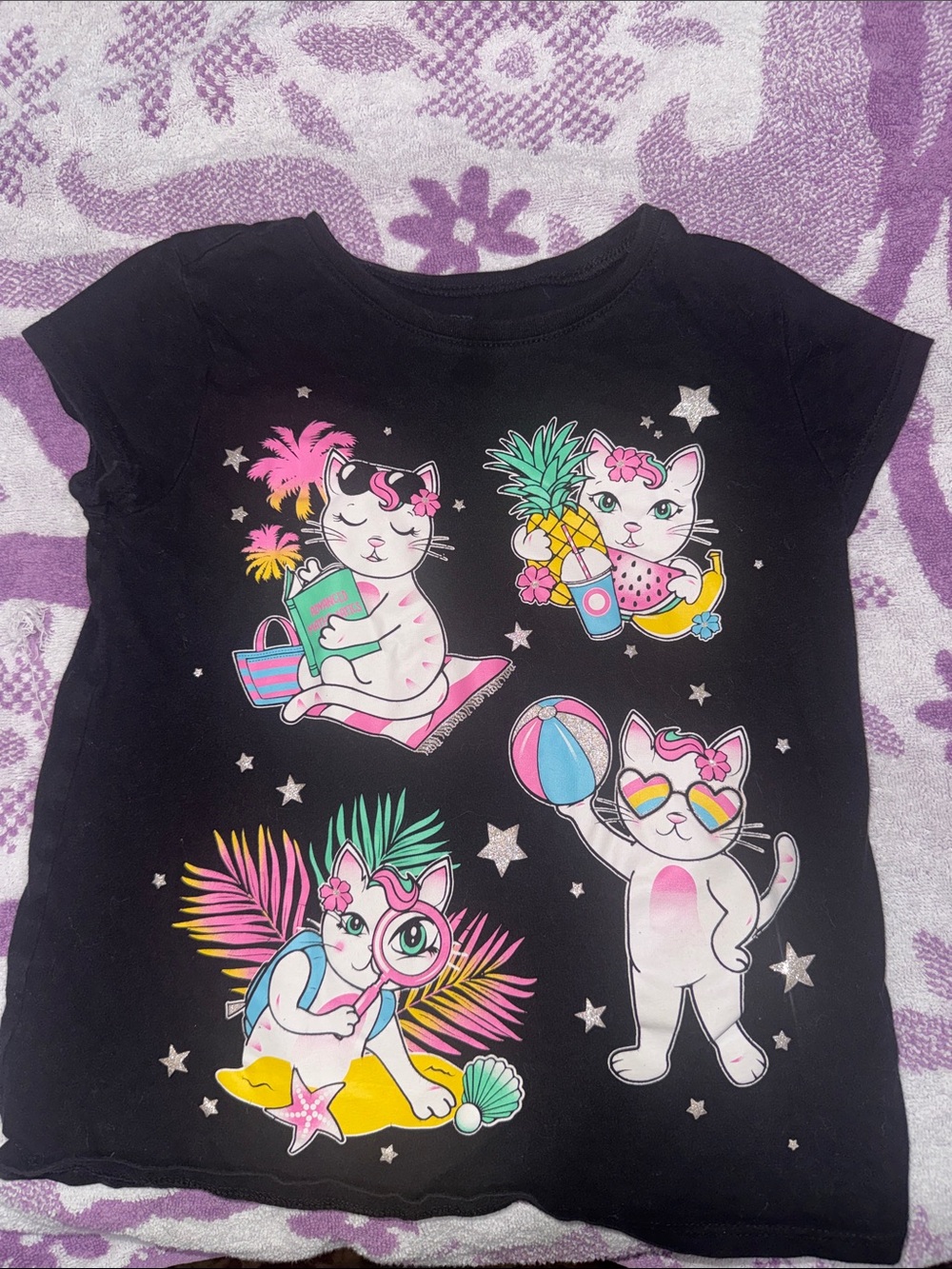 The Children's Place Black Short Sleeve Tee with Colorful Tropical Cats